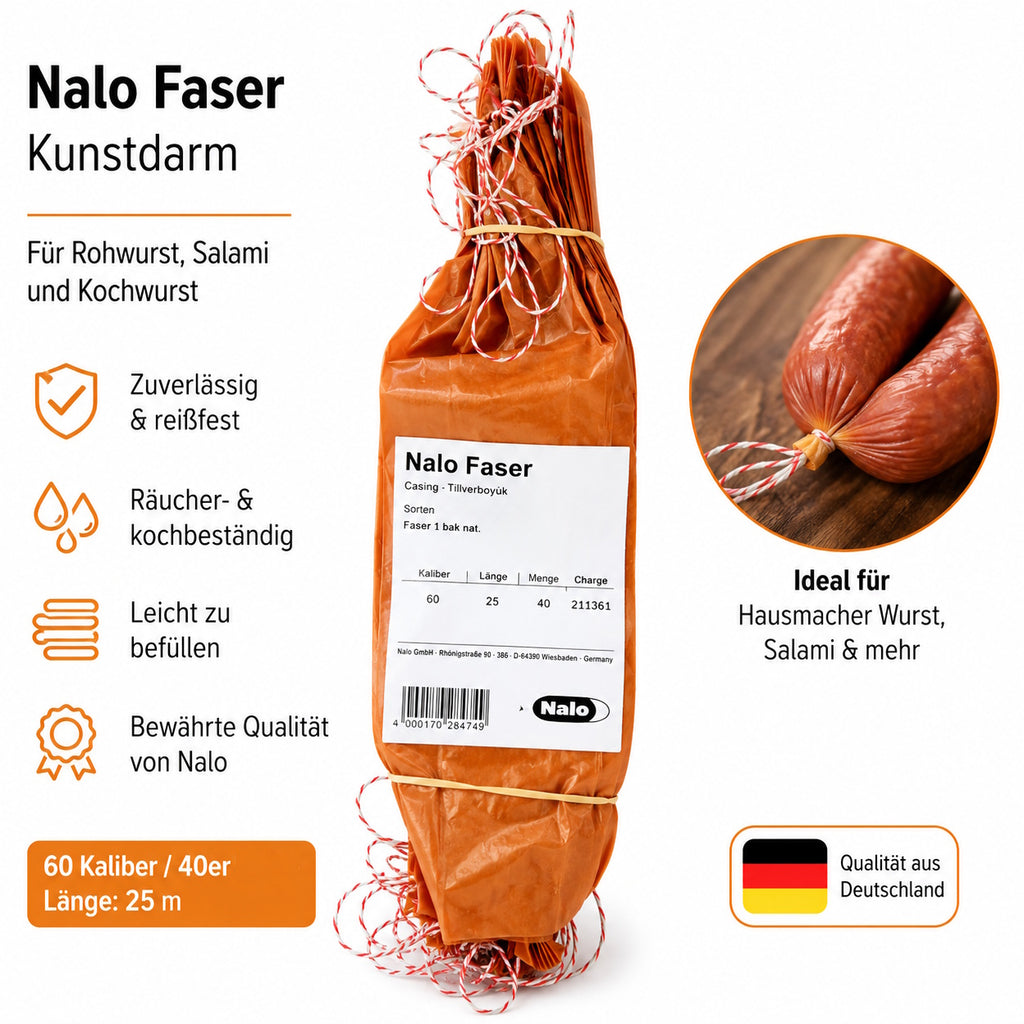 Nalo Faserbak – 25 Stück, Kaliber Wählbar, Kunstdarm Für Brühwurst & Rohwurst