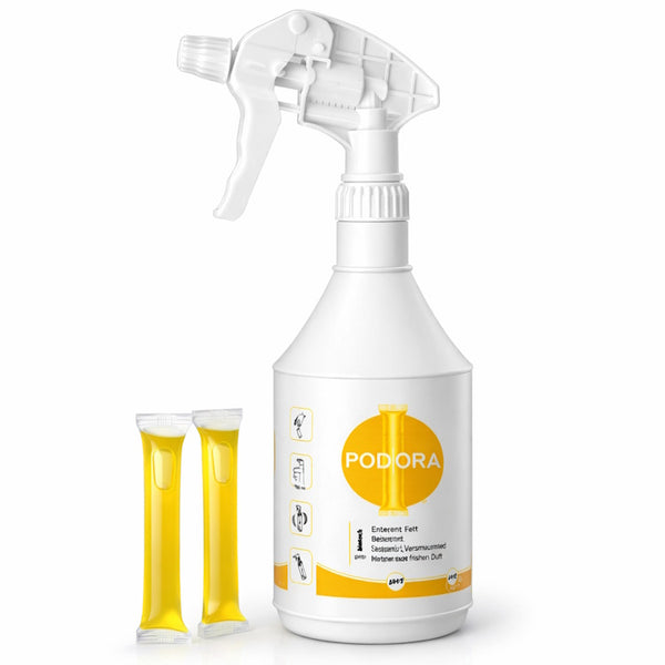 PODORA Küchenreiniger Set – Sprühflasche (750 ml) + 2 Refill Pods | Konzentrat mit Enzym-Power | Stark gegen Fett & Schmutz | Nachfüllsystem für weniger Plastik