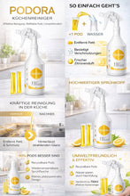 PODORA Küchenreiniger Set – Sprühflasche (750 ml) + 2 Refill Pods | Konzentrat mit Enzym-Power | Stark gegen Fett & Schmutz | Nachfüllsystem für weniger Plastik