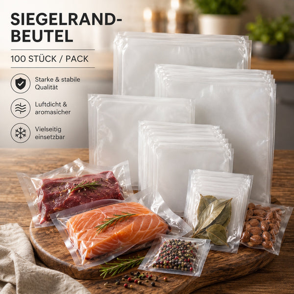 Siegelrandbeutel 100 Stück – Vakuumbeutel für Kammer-Vakuumierer – lebensmittelecht & reißfest